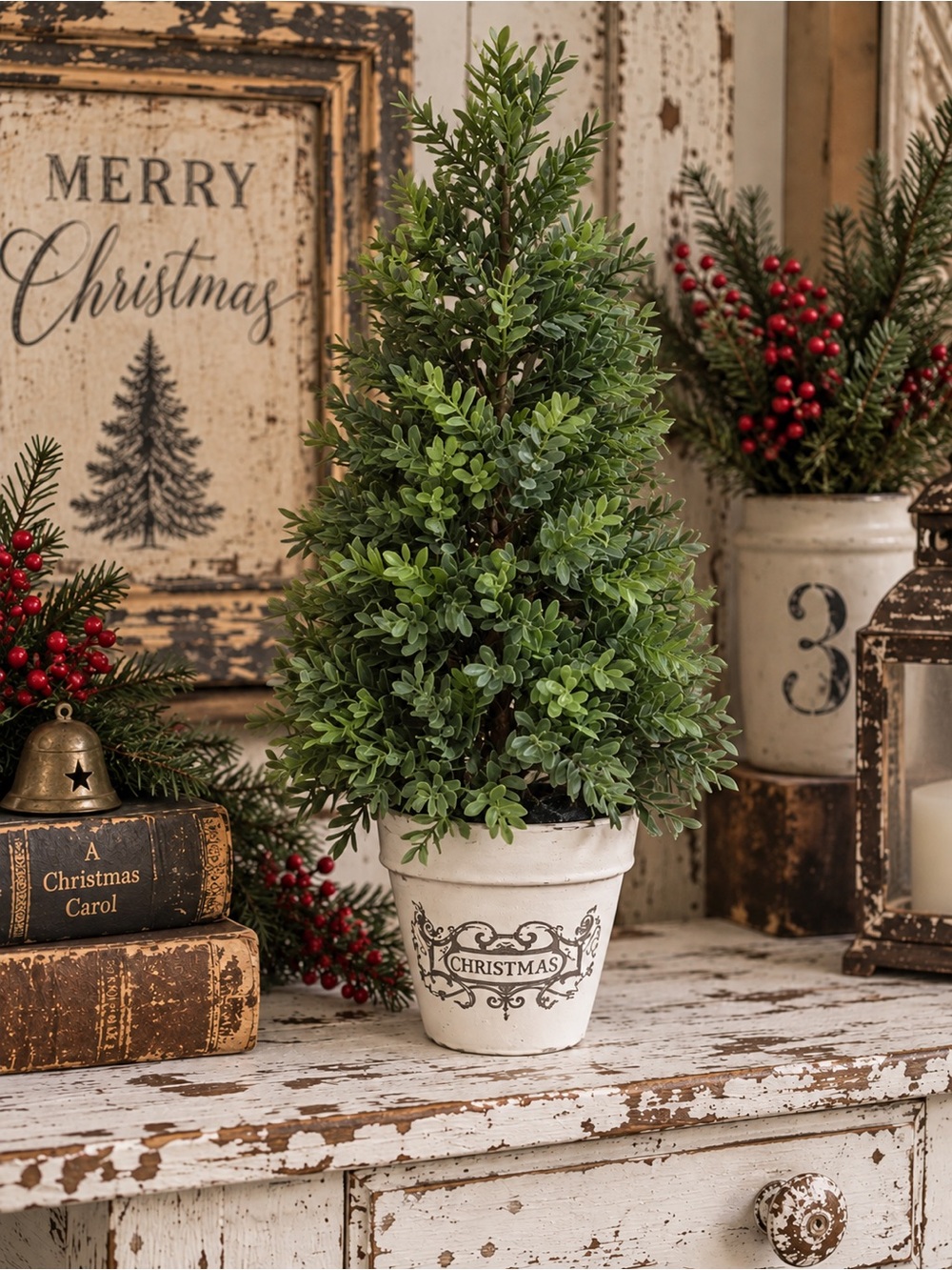 Classic Green Christmas Topiary in White Pot